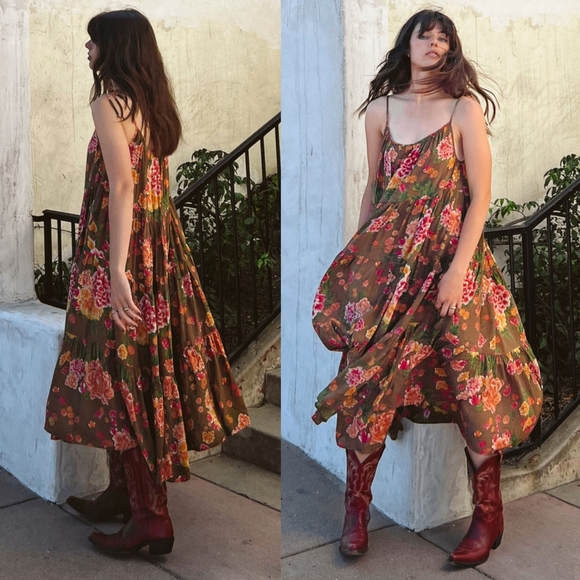 New Novella Royale The Flower Dress Rust Primrose Floral M Bird Midi Strappy NWT - Picture 6 of 16
